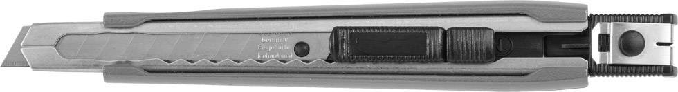 Ett silverfärgat universalkniv med infällbart blad, låsningsmekanisk på sidan och tandad handtag för stabilitet.