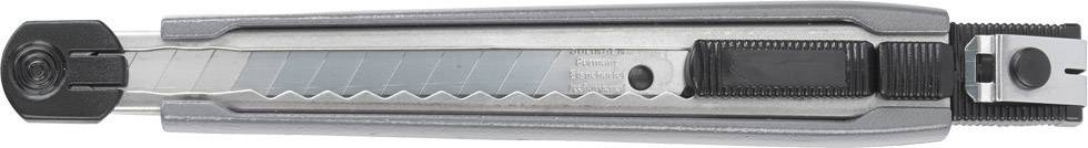 Ett silver-färgat skärkniv med svart handtag och justerbart blad i stängt läge.