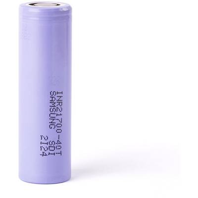 Lila cylindrisk litiumjonbatteri med sidotryckt text 'INR21700-40T SAMSUNG SDI'.