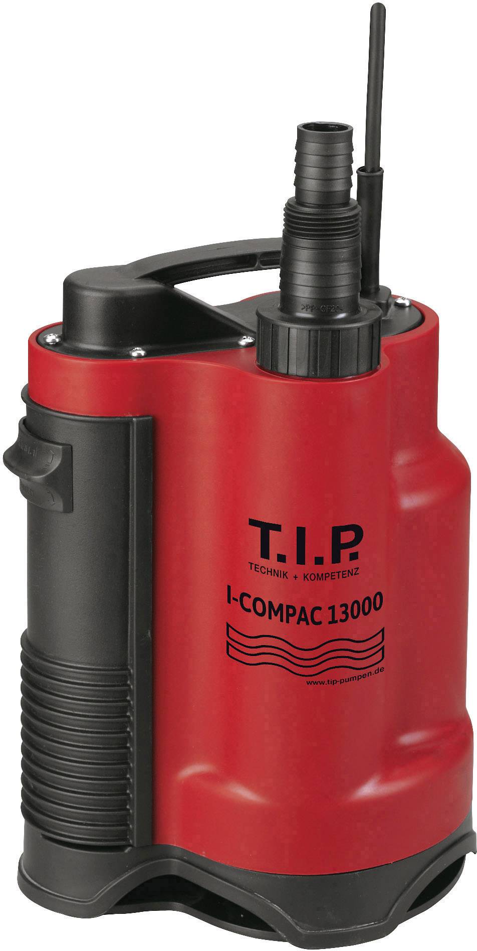 Röd vattenpump med svart handtag och tillsats. Märkt 'T.I.P. I-COMPACT 13000'. Lämplig för avvattning och dammar.