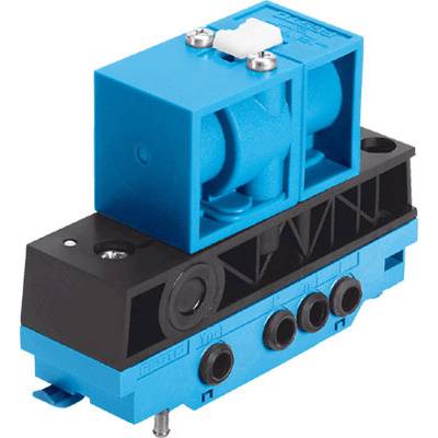 Blått och svart elektriskt ventilmodul med flera anslutningar och en vit switch överst, avsedd för styrning av vätskor eller gaser.