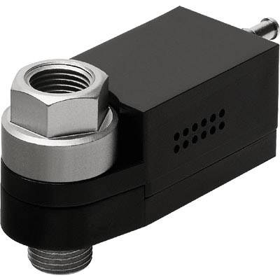Svart, rektangulär elektrisk HF-trycksensor med gänganslutning och ventilationshål, avsedd för industriella tillämpningar.