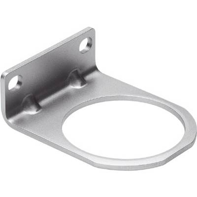Metallhållare med runditet hål, lämplig för fästning av cylindriska föremål. Två hål för montering på en yta.