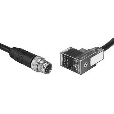 'M8-sensorns kontakt och adapterkabel i närbild, svart, visar anslutningskomponenterna; för industriella tillämpningar.'
