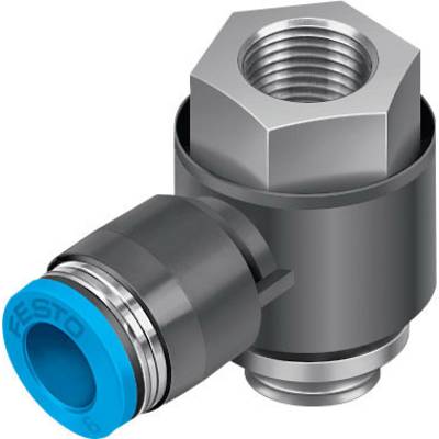 En vinklig anslutning med en blå skruvförslutning och silvergänga. Används ofta i pneumatiska system.