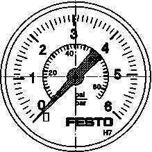 Manometer med skala från 0 till 6 bar, visar för närvarande ungefär 3 bar. Logotyp 'FESTO' nedtill.