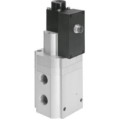 Ett elektromagnetiskt ventilmodul med flera anslutningsöppningar och en elektronisk kontakt ovanpå, i en teknisk kontext.