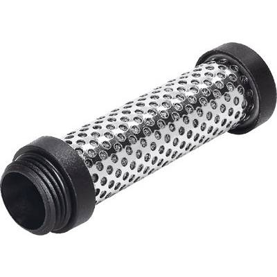 En cylindrisk metallfilter med hålmönster; svarta ändlock; uppenbarligen använd inom industrin.