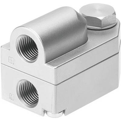 Silverfärgad mekanisk komponent med två röranslutningar och en cylindrisk del överst. Sannolikt hydraulisk eller pneumatisk koppling.