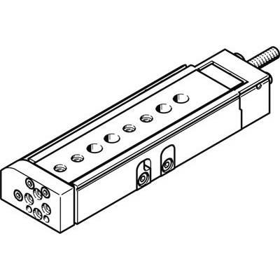 En schematisk teckning av en mekanisk linjärdrift med flera monteringshål och en elektrisk anslutning på höger sida.