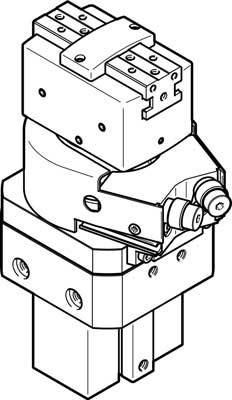 Teknisk ritning av en hydraulisk komponent med flera anslutningselement och fästpunkter.