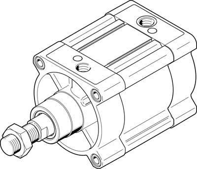 Teknisk ritning av en luftdriven cylinder med kolvstång och fästanordningar, viktig för industriella maskiner.