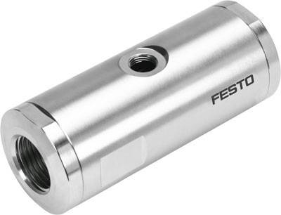 Ett cylindriskt metallföremål med påskriften 'Festo' och flera gängade öppningar för fästning i tekniska tillämpningar.