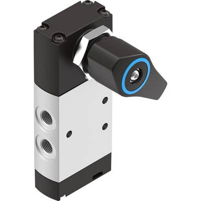 En svart-vit pneumatisk switch med två sidoanslutningar och ett vridbart handtag för styrning av luftflöden.