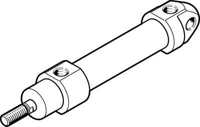 Svartvit illustration av en hydraulisk cylinder med anslutningsöppningar i båda ändar.