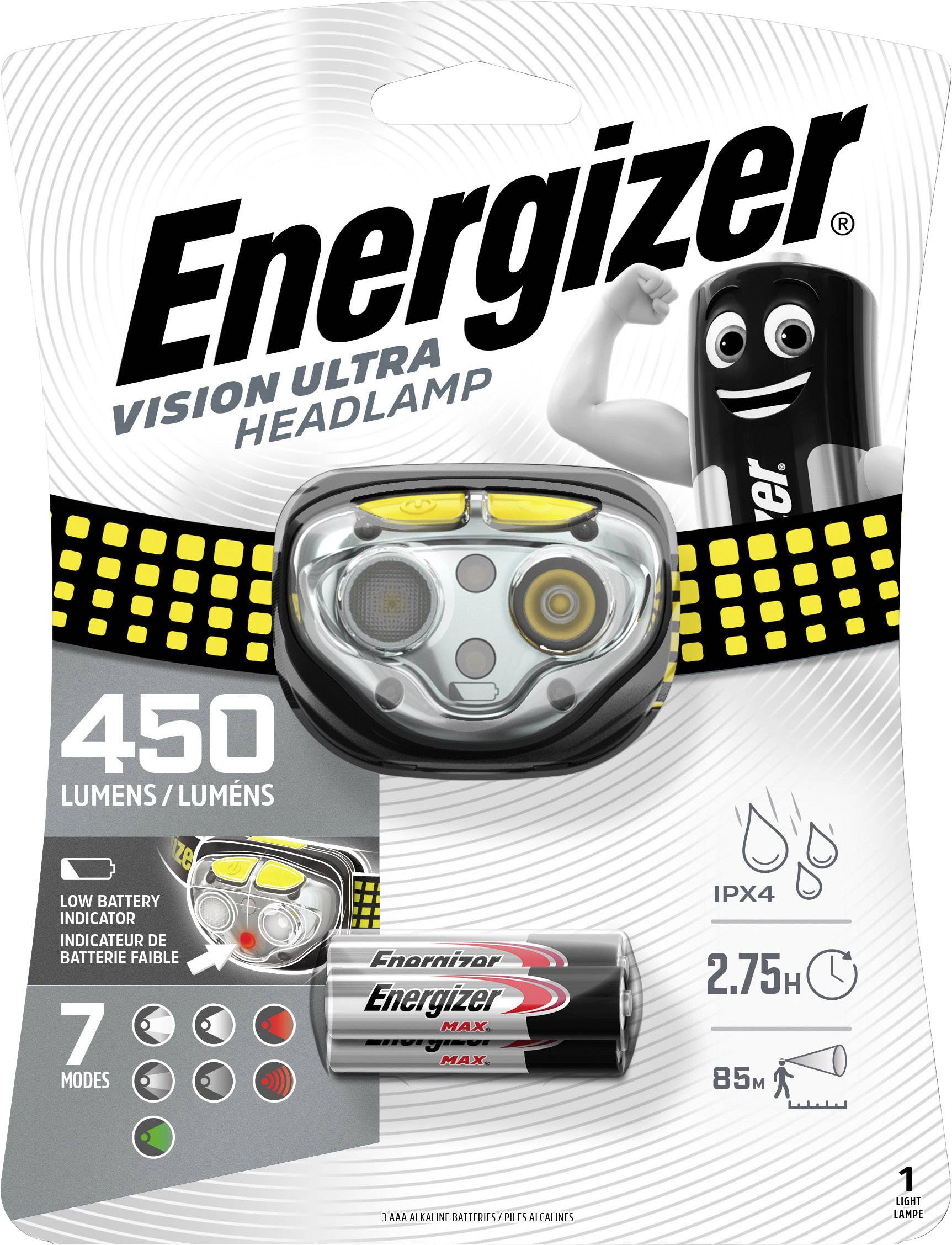 Förpackning för pannlampa med Energizer-batteri. 450 Lumen, 7 ljuslägen, vattentät IPX4, drifttid 2,75 timmar, räckvidd 85 m.