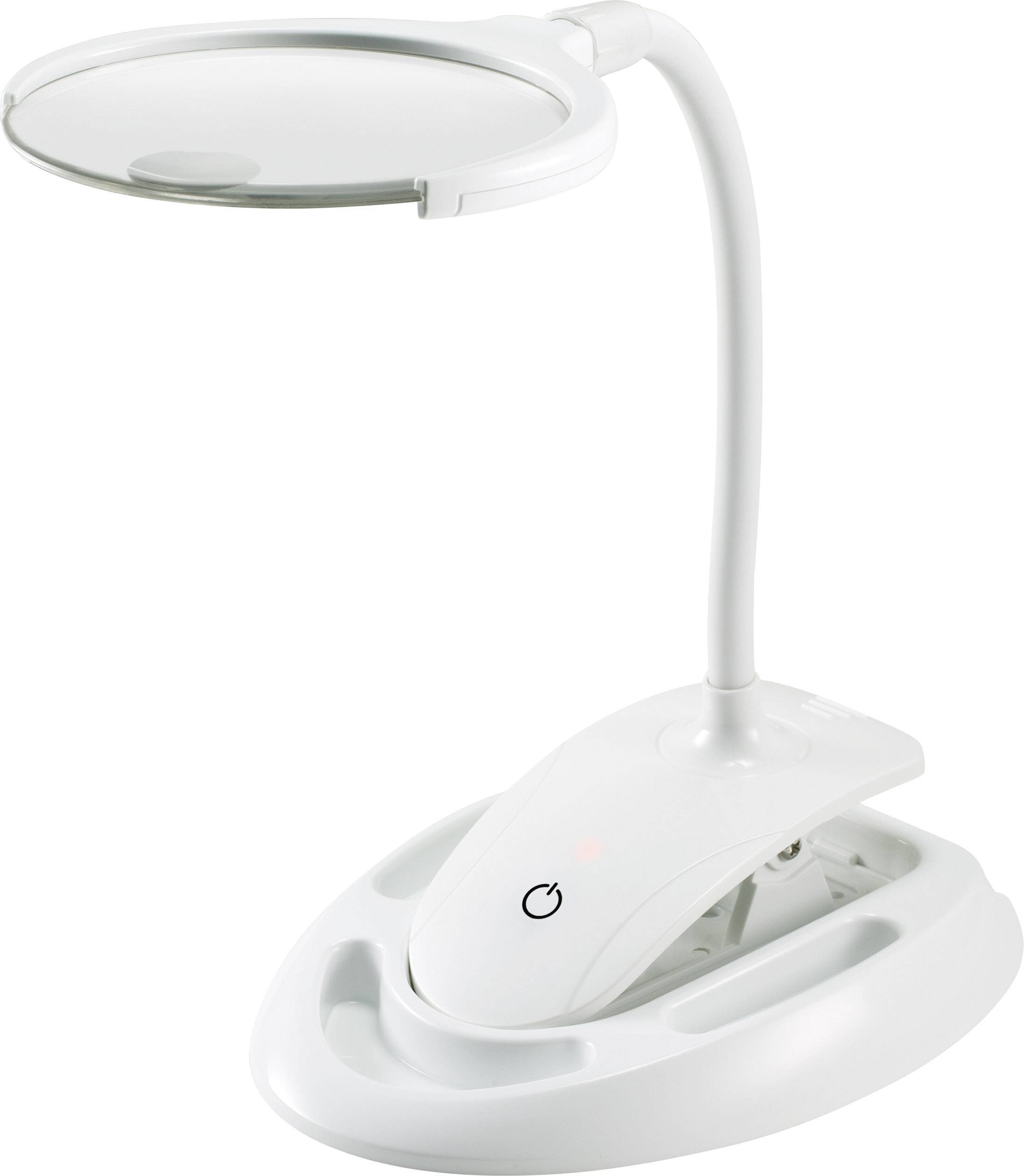 Vit bordslampa med flexibel arm och rund ljuskupa, lämplig för arbets- eller läsmiljöer.