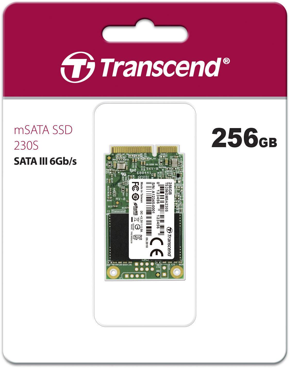 Förpackning för en Transcend mSATA SSD 230S med 256GB kapacitet, SATA III 6Gb/s-gränssnitt. Innehåller produktbild och specifikationer.