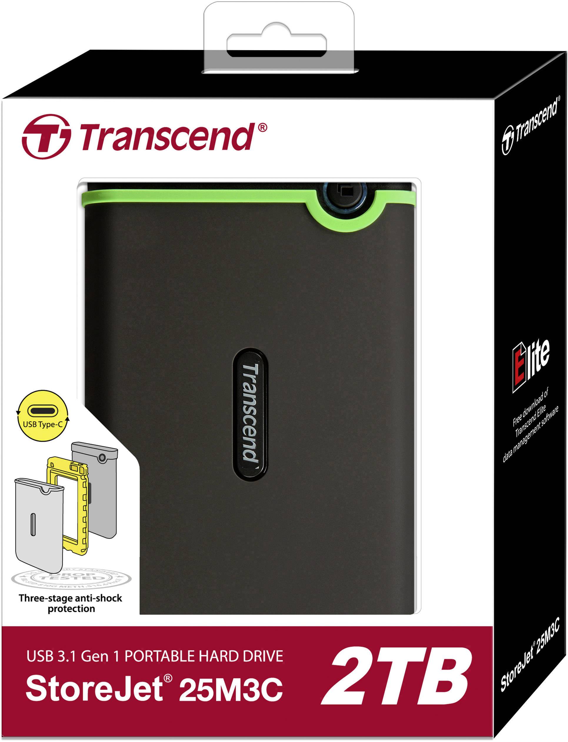 Extern hårddisk 'Transcend StoreJet 25M3C' med 2 TB lagringsutrymme, trestegigt fallskydd, USB 3.1, avbildad på förpackningen.
