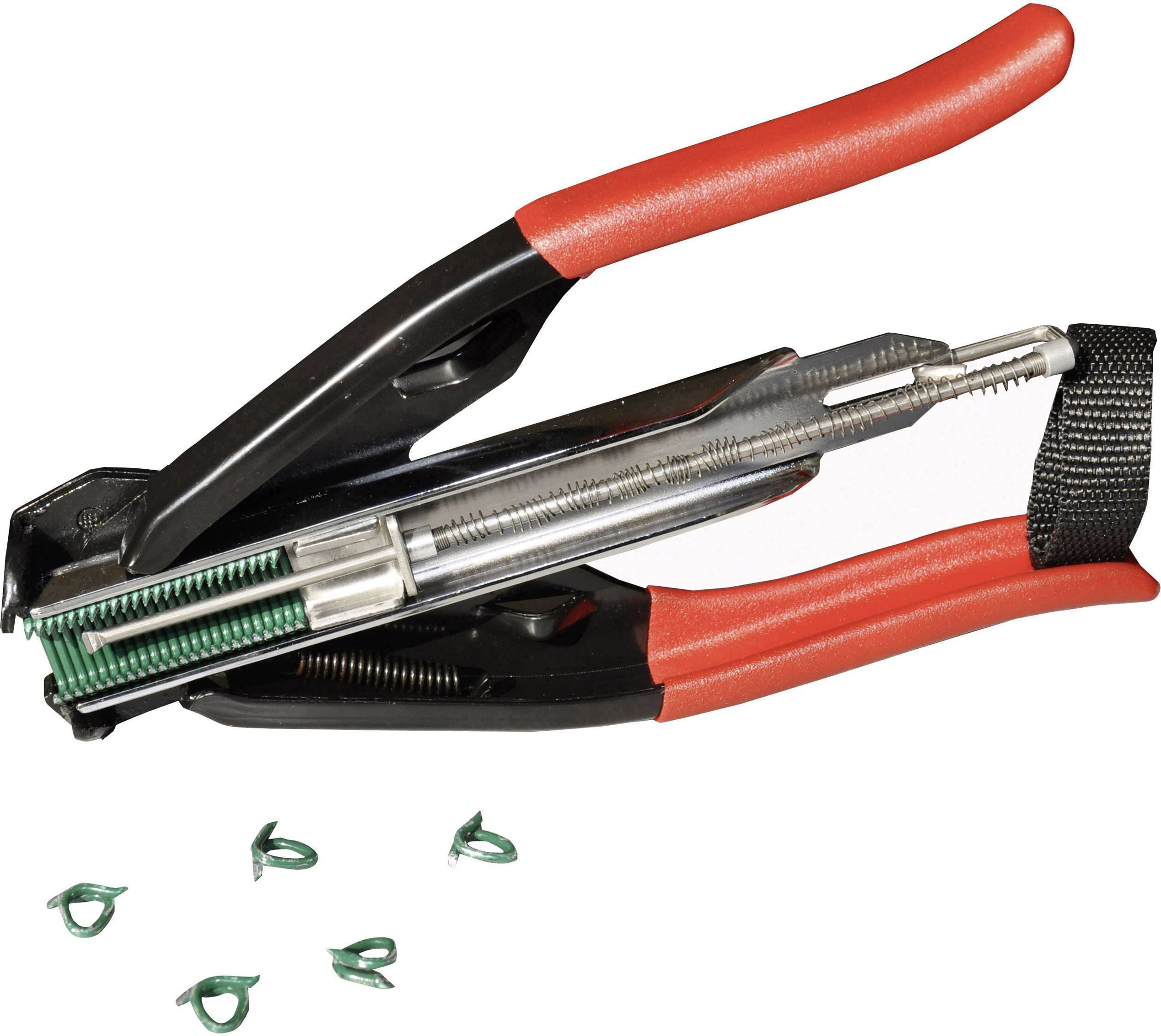 En mekanisk apparat med röda handtag och klämmor, som används för att fästa clips på växtstjälkar.