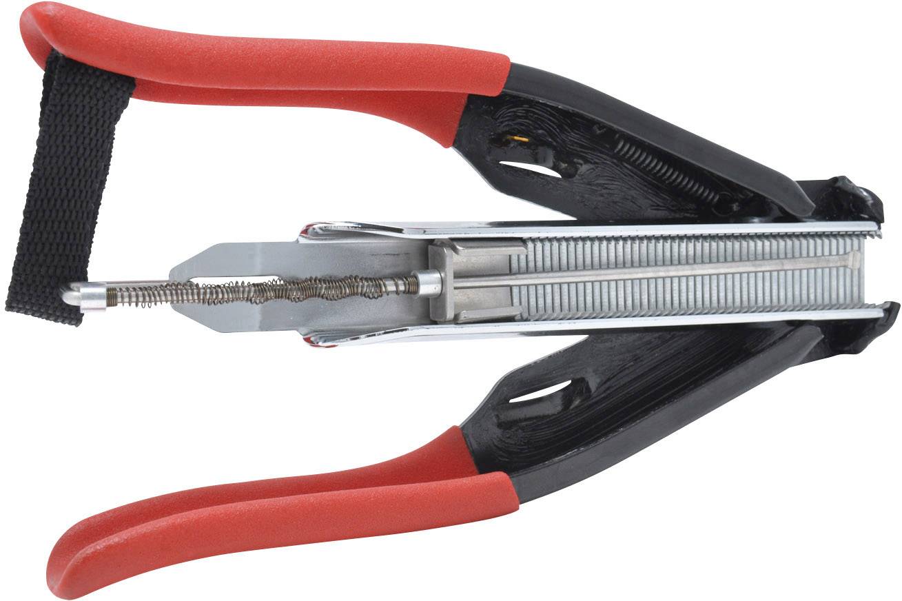 Röd och svart fjäderklämmor med tandad metallspets och flexibel rem, sannolikt lämplig för verkstadsändamål.