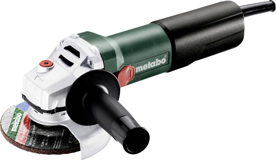 En Metabo vinkelslipar med sidohandtag och påsatt slipskiva, visad på vit bakgrund.
