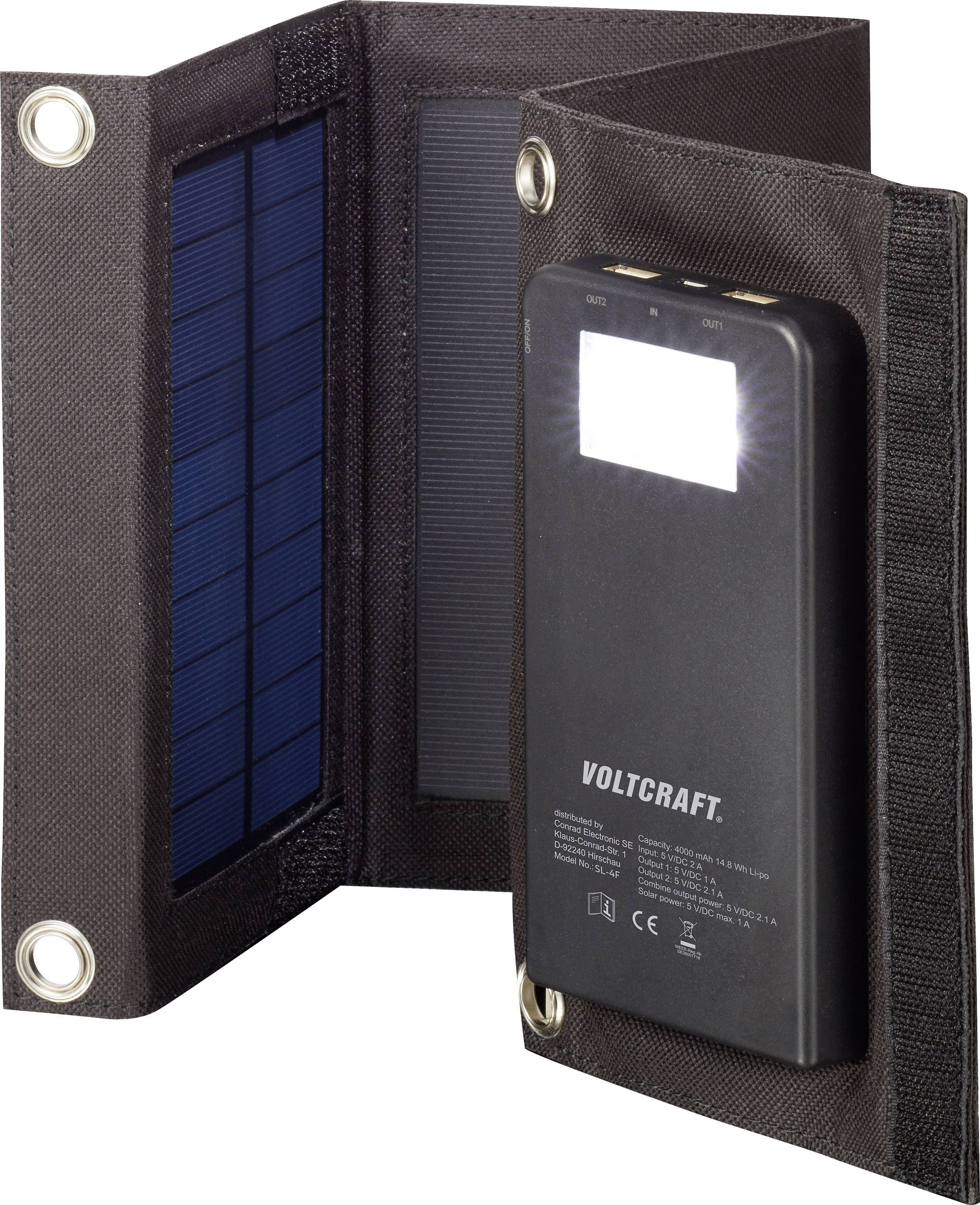 Ett vikbart solarladdningspaket med två solarpaneler och en powerbank med indikatorlampor. Lämplig för mobil laddning.