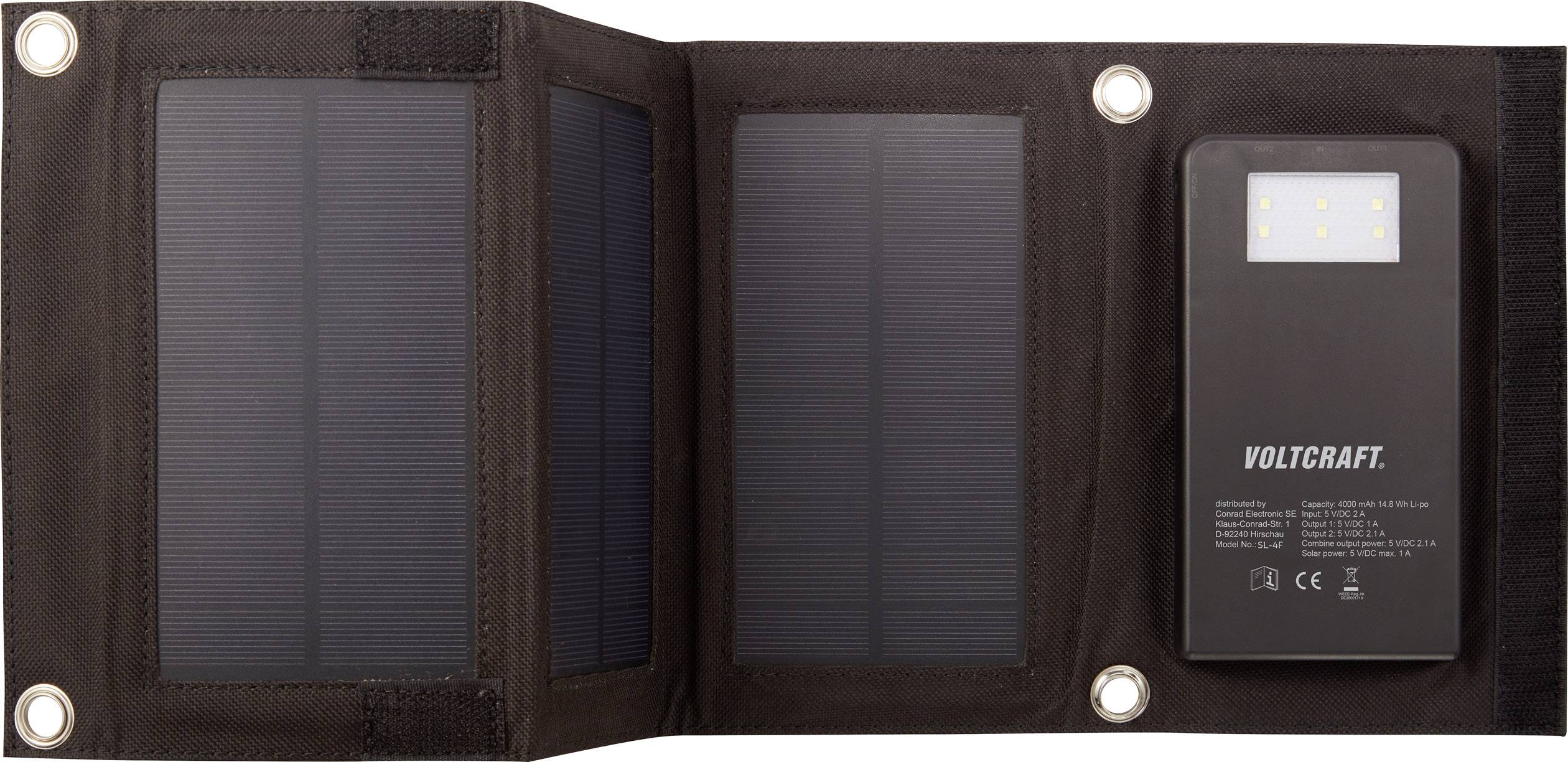 Bärbar, vikbar solarladdare med tre solarpaneler och inbyggd USB-port, lämplig för laddning av mobila enheter utomhus.