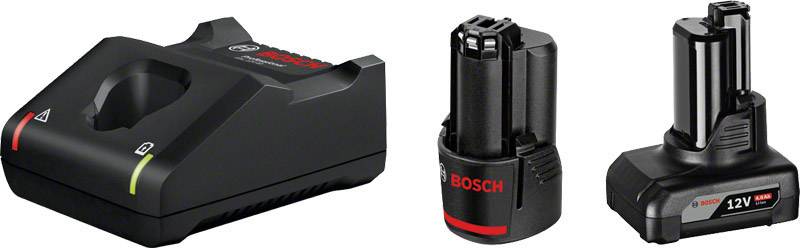 Ett Bosch-laddare och två Bosch 12V-batterier. Till vänster laddaren, i mitten och till höger de kompakta litiumjonbatterierna.
