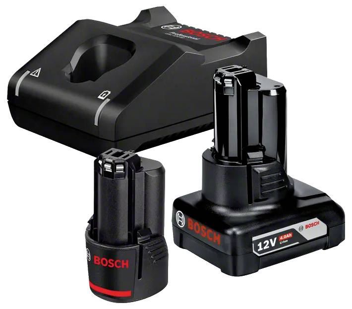Bosch 12V-batteriladdare med två laddningsbara batterier, visas med en laddningsdocka och upprätta batterisatser.