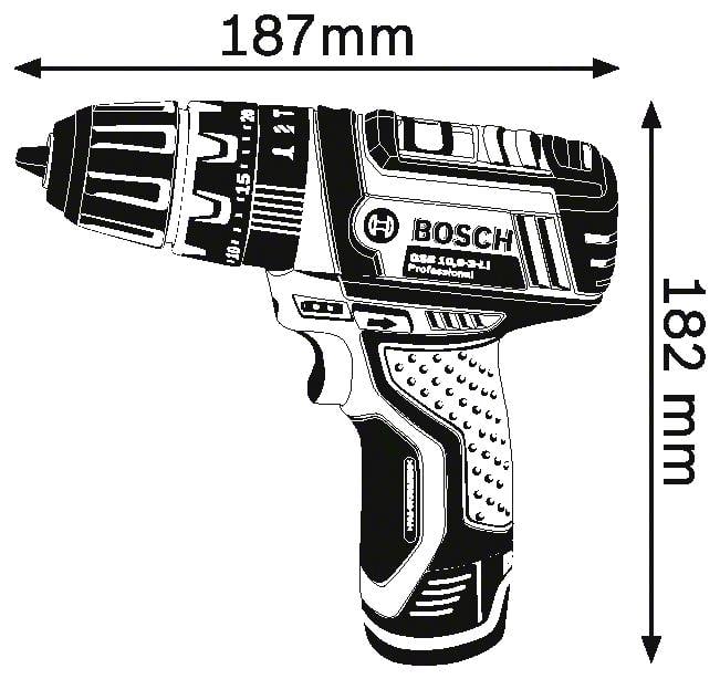 Illustration av en Bosch-batteridrill med en längd på 187 mm och en höjd på 182 mm.