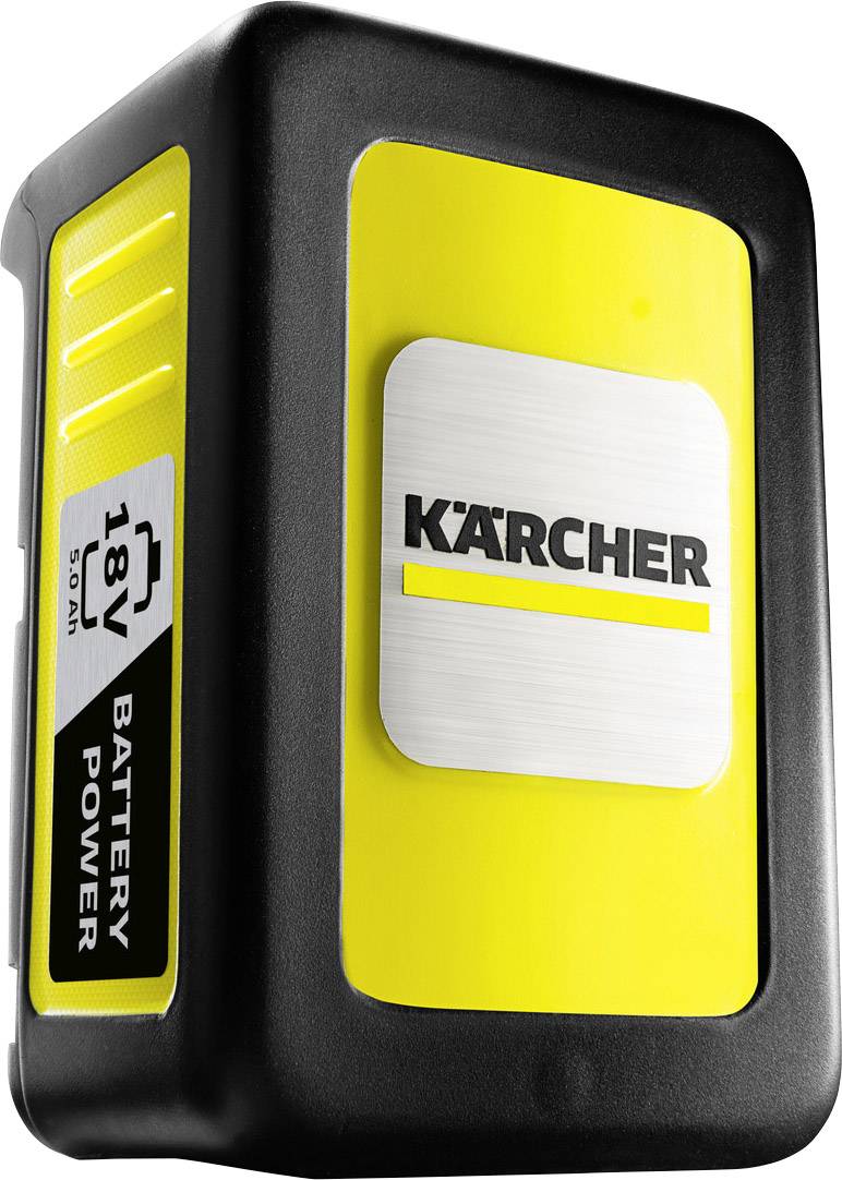 Ett gult batterpack från KÄRCHER med 18V och 5,0Ah, märkt med 'Battery Power'.