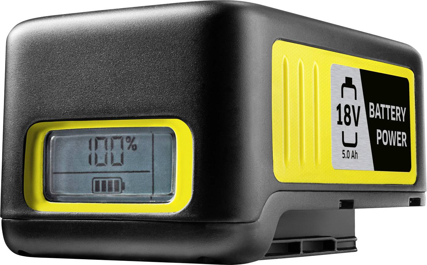 Ett 18V-batteri med digital display som visar 100% laddning. Kapacitet på 5,0 Ah, huvudsakligen svart med gula detaljer.