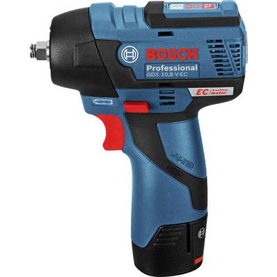 Blå Bosch Professional batteridrivet slagskruvmejsel med röd accent. Modell 'GDS 10,8 V-EC'. Kompakt och lätthanterlig design.