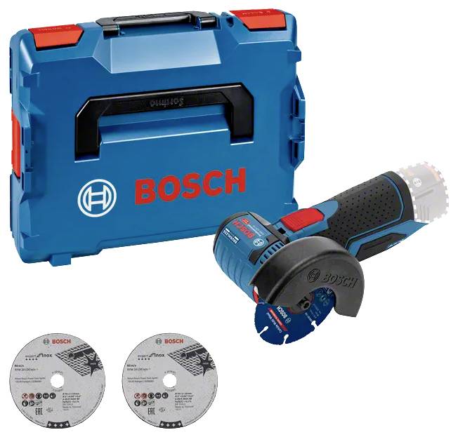 Bosch trådlös vinkelslip i blå bärväska, med två skärskivor som visas nedan.