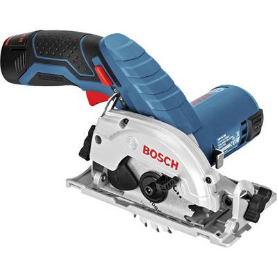 Batteridriven, kompakt handhållen cirkelsåg från Bosch med ergonomiskt handtag och blå kåpa. Lämplig för precisionskapningar.