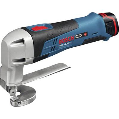 Batteridriven plåtsax från Bosch i blått och svart med röd strömbrytare, lämplig för klippning av metallplåt.
