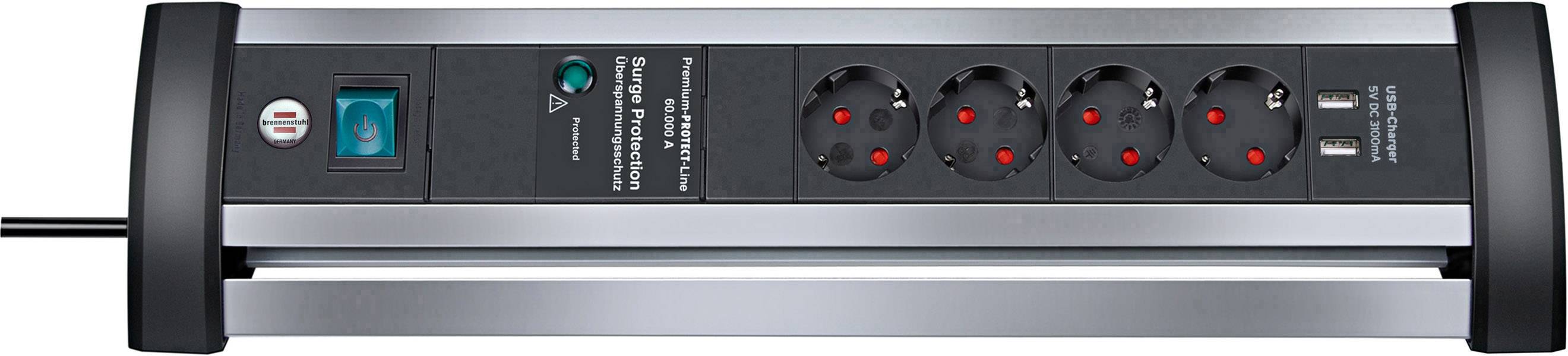 Brennenstuhl 1395000534 Grenuttag med överspänningsskydd 4x Aluminium (matt), Svart Skyddskontakt 1 st