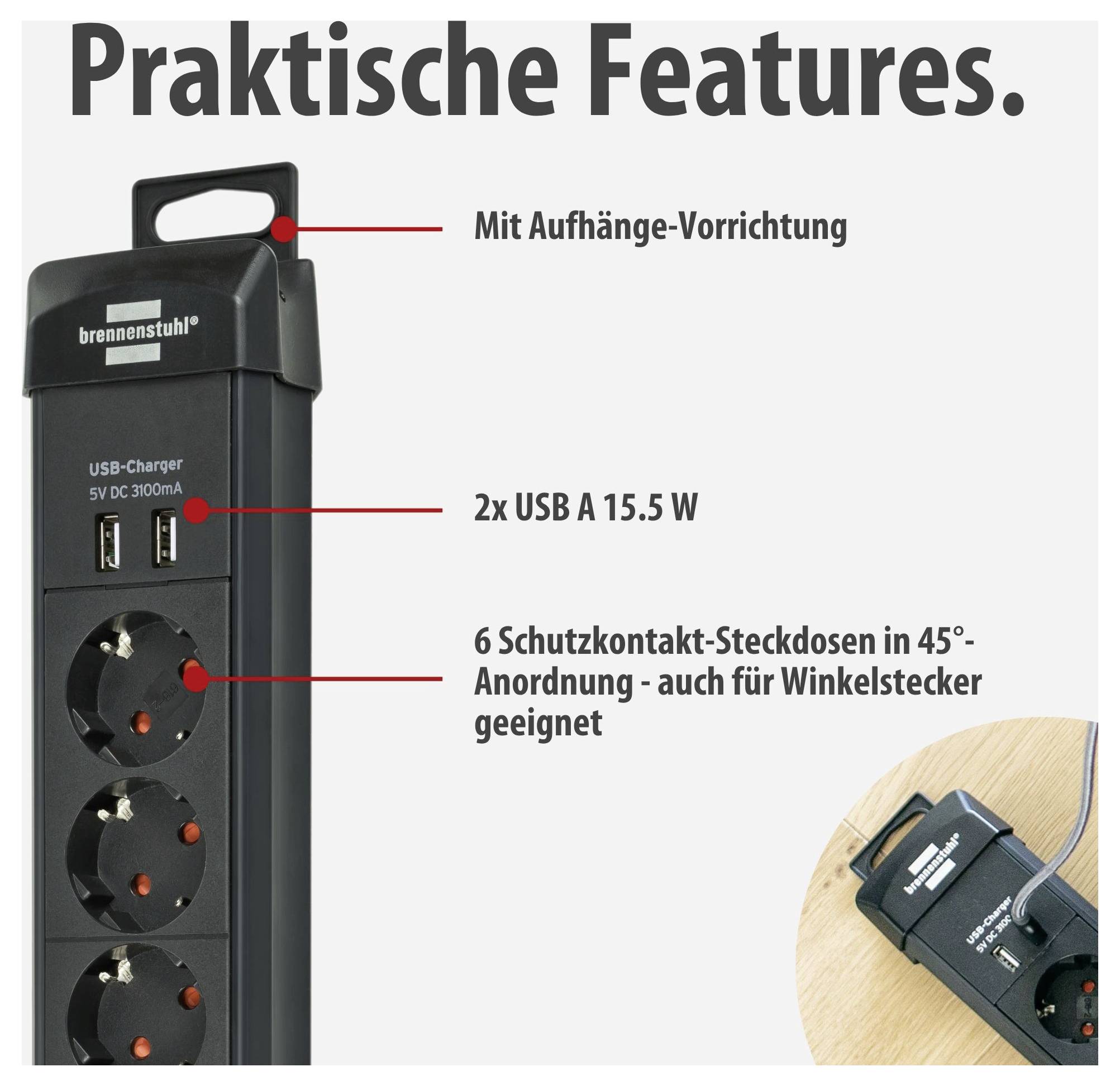 Produktbild av en elledning från "brennenstuhl" med rubriken "Praktiska funktioner": Bärhandtag, 2 USB-A-uttag, 6 skyddskontaktsuttag anordnade i 45°-vinkel