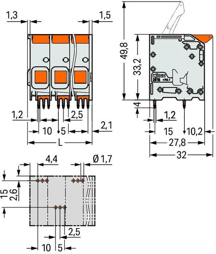 Teknisk ritning av en elektronisk komponent med mått i millimeter. Visar front- och sidovy med specifika dimensioner.
