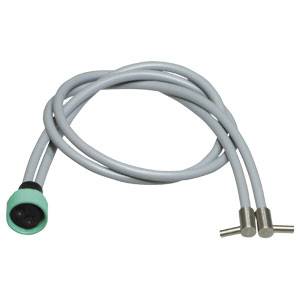 En grå kabel med en grön och en svart kontakt i ena änden och två silvriga anslutningar i den andra änden.