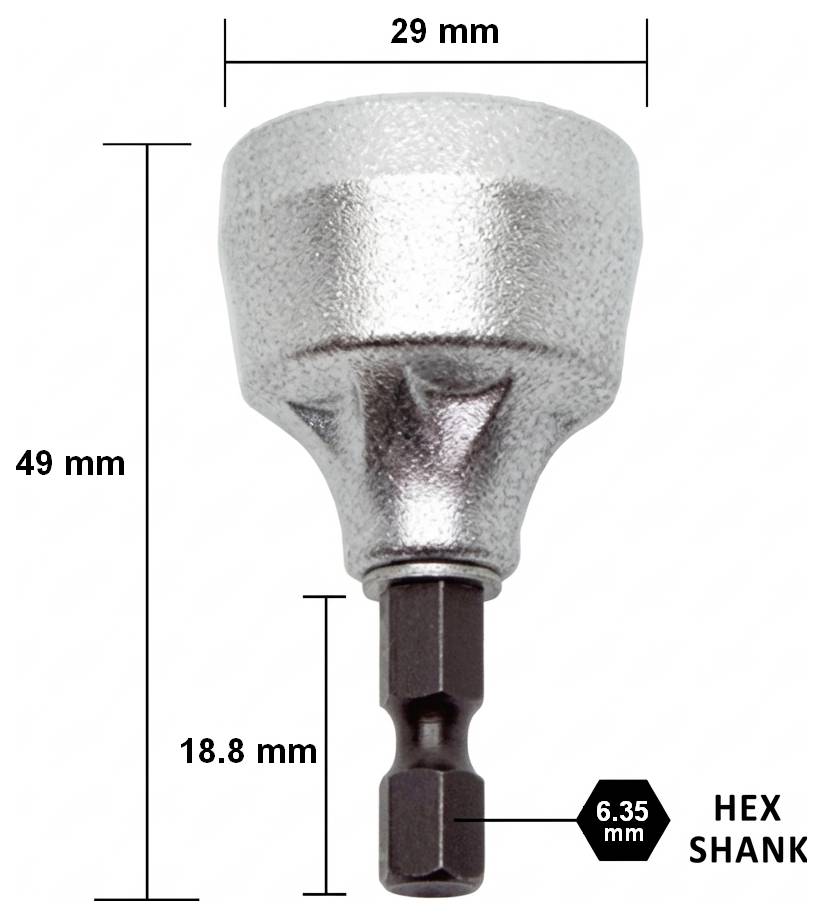 Silver hexagonal skaftadapter, märkt 29 mm bred och 49 mm hög, med 6,35 mm hexagonal skaft och 18,8 mm insatsöppningslängd.