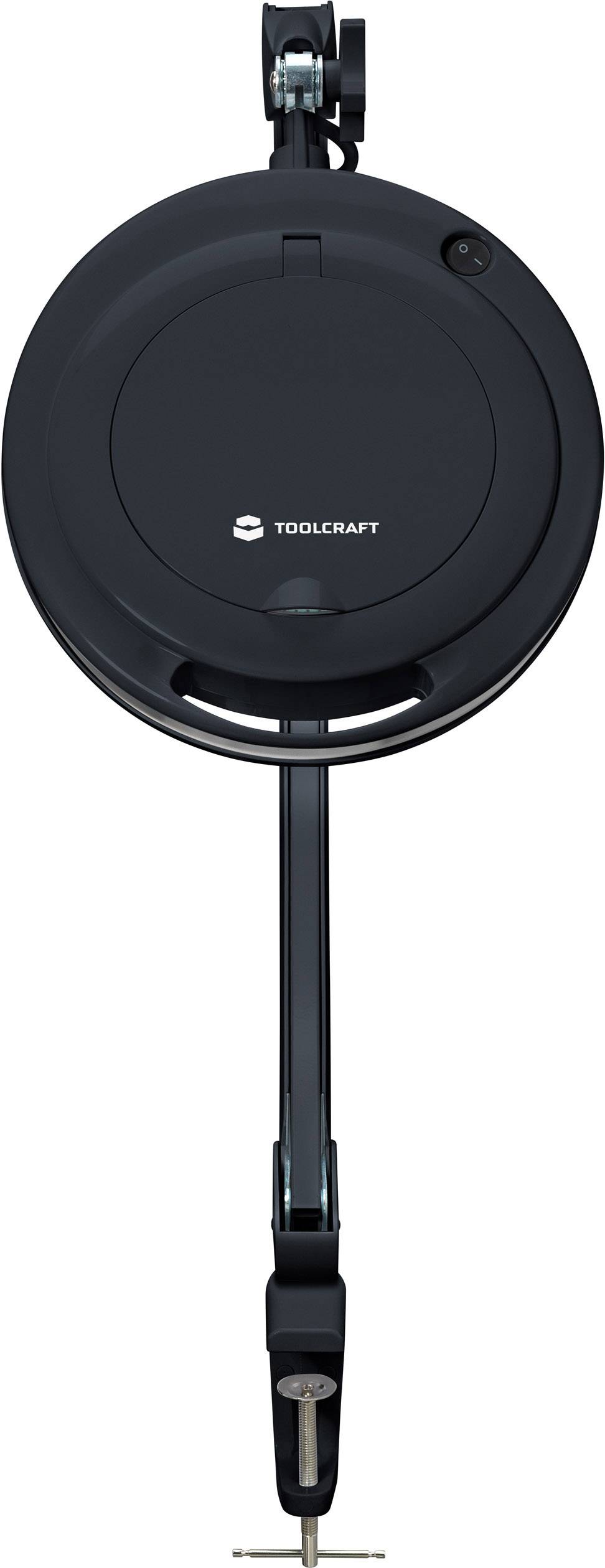 Svart automatisk kabeltrumma från märket Toolcraft, fäst vid en hållare.