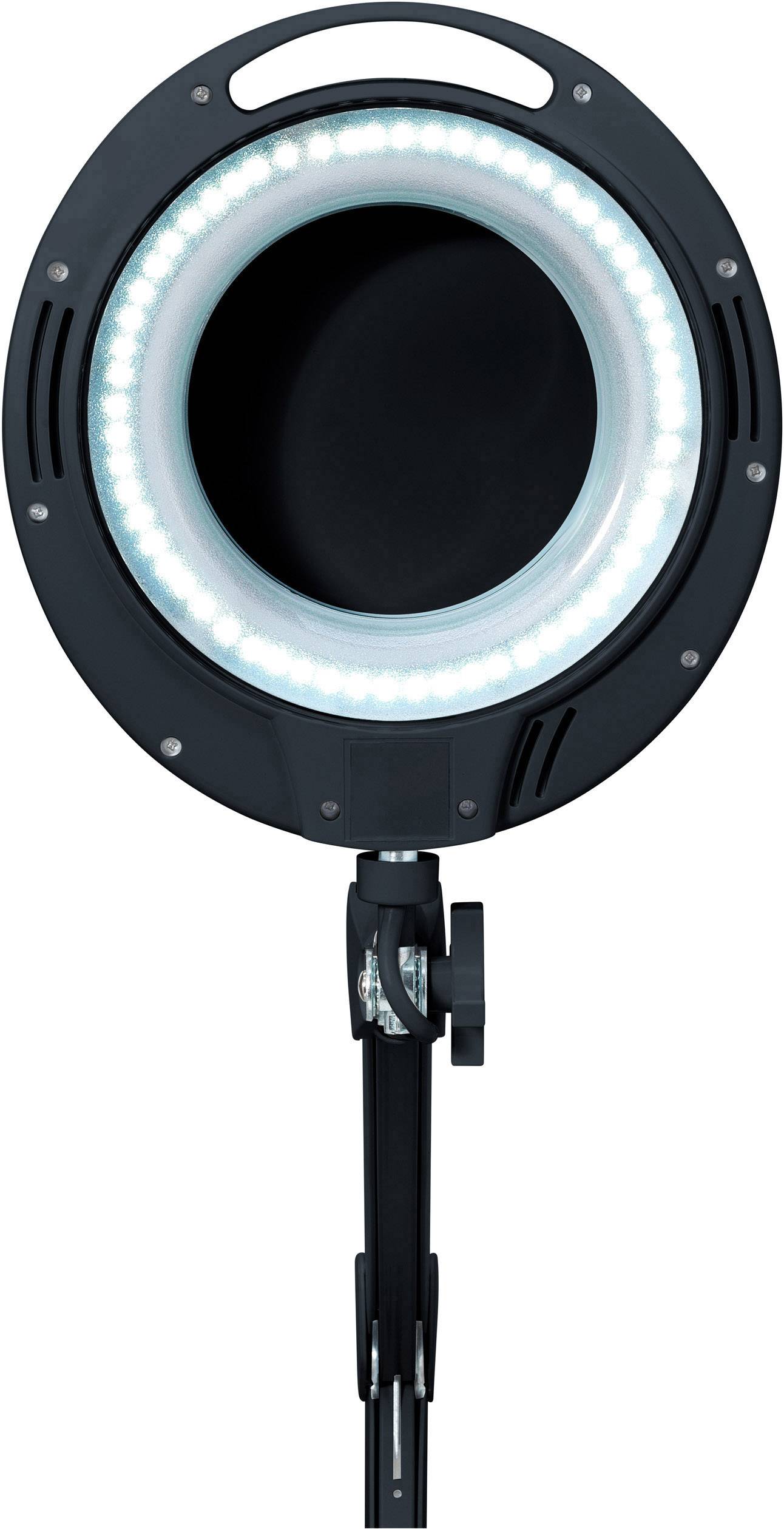 Rundad svart LED-ringlampa med ljusstark ljusring, monterad på ett stativ, perfekt för fotografering.