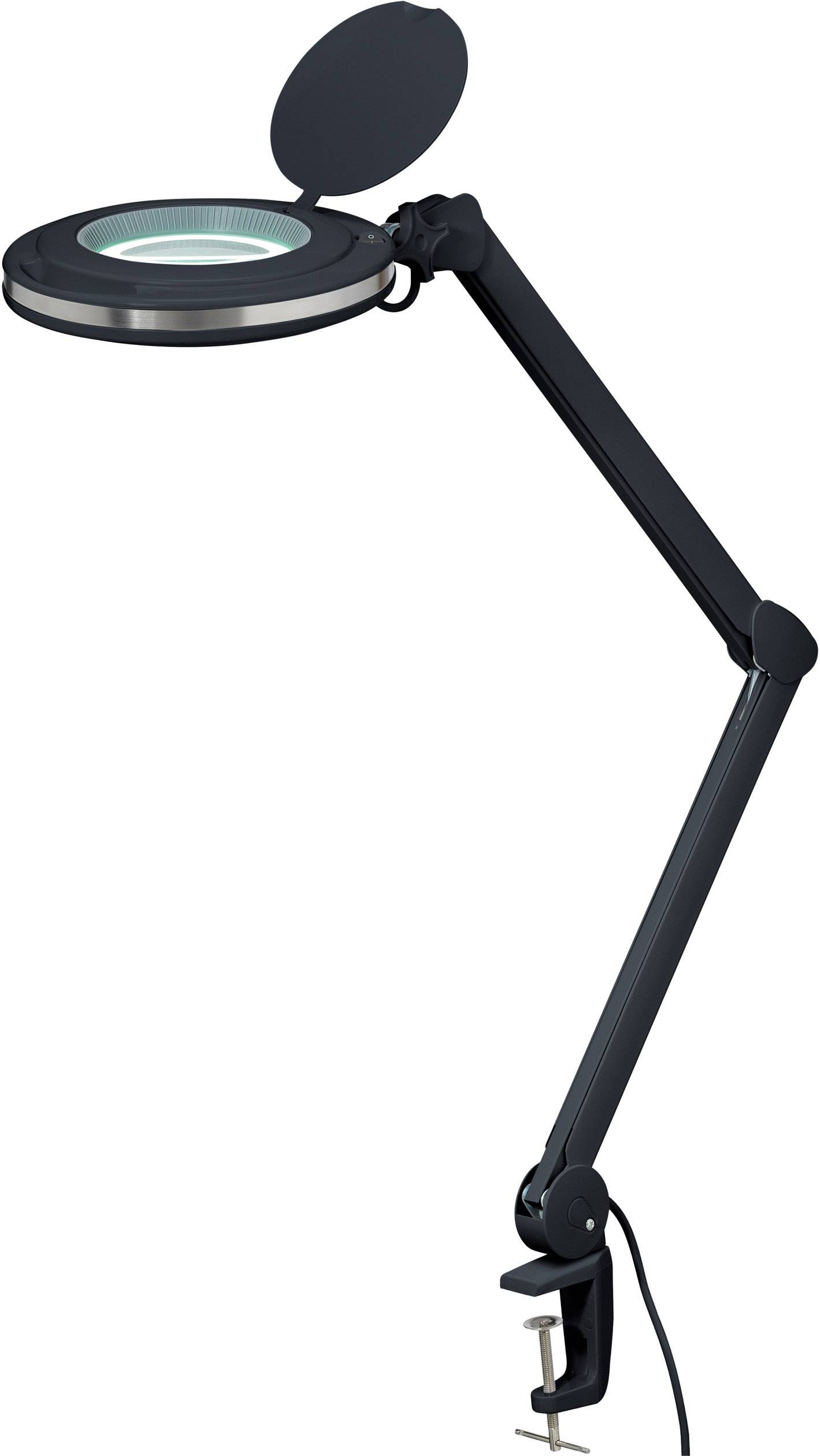 Svart luplampa med justerbar arm, med klämfäste för bordskant, perfekt för precisionsarbeten eller läsning.