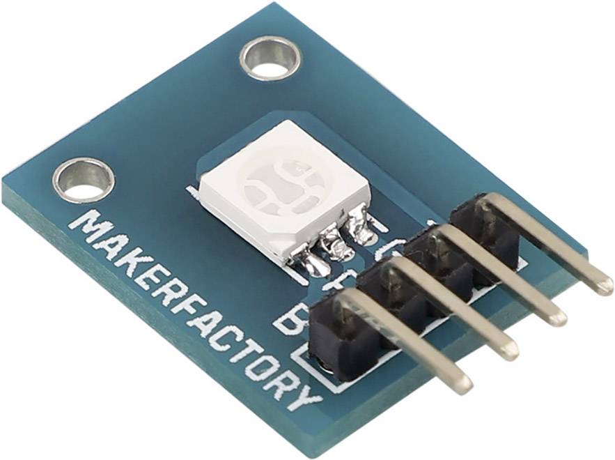 En kvadratisk, blå modul med en liten vit sensor och fyra metallstift. Påskrift: 'MAKERFACTORY'. Elektronikkomponent.