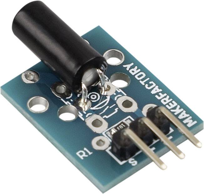 Sensormodul med tre stift, svart cylinder och text 'Wakerfactory'. Används i elektronikprojekt för signalbehandling.