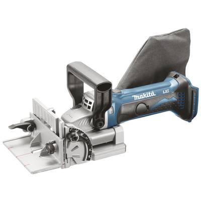 Makita LXT Batteridrivna Planfräs visar upp ett sladdlöst elverktyg med ergonomiskt handtag och dammuppsamlingspåse, lämplig för träförband.
