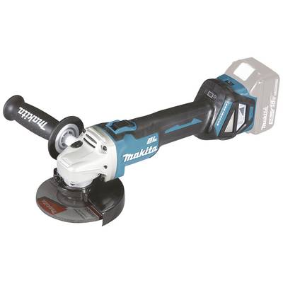 Sladdlös vinkelslip från Makita med blå-svart hölje, batteri och handtag, lämplig för skärning och slipning.