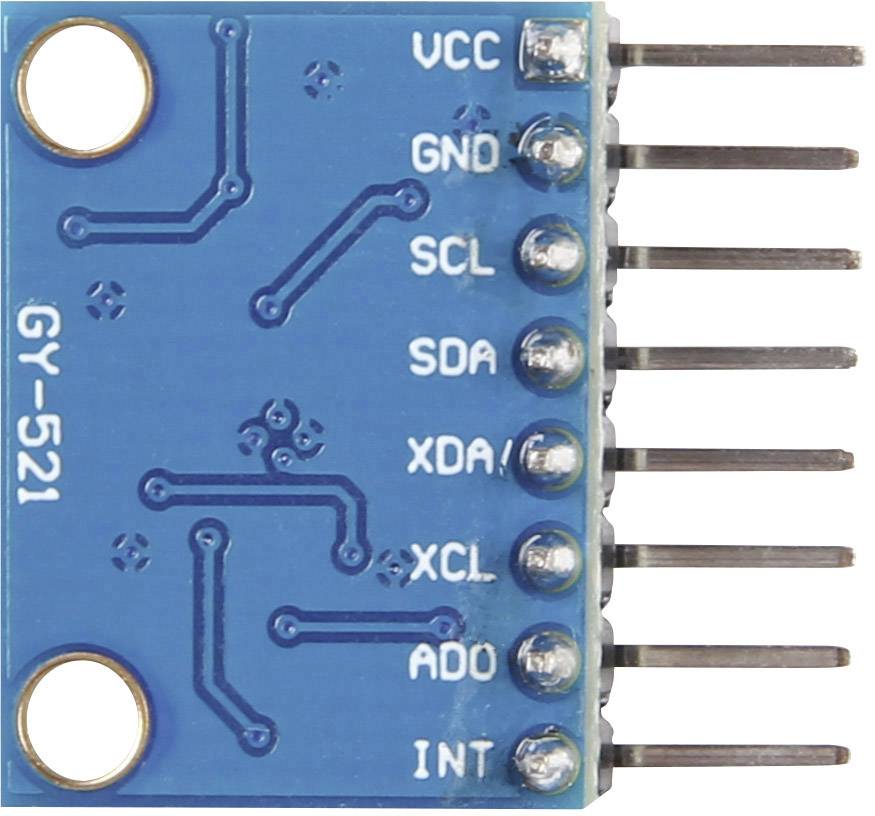 Närbild av en GY-521 sensorpanel med anslutningar: VCC, GND, SCL, SDA, XDA, XCL, ADO, INT. Huvudsakligen för Arduino-projekt.